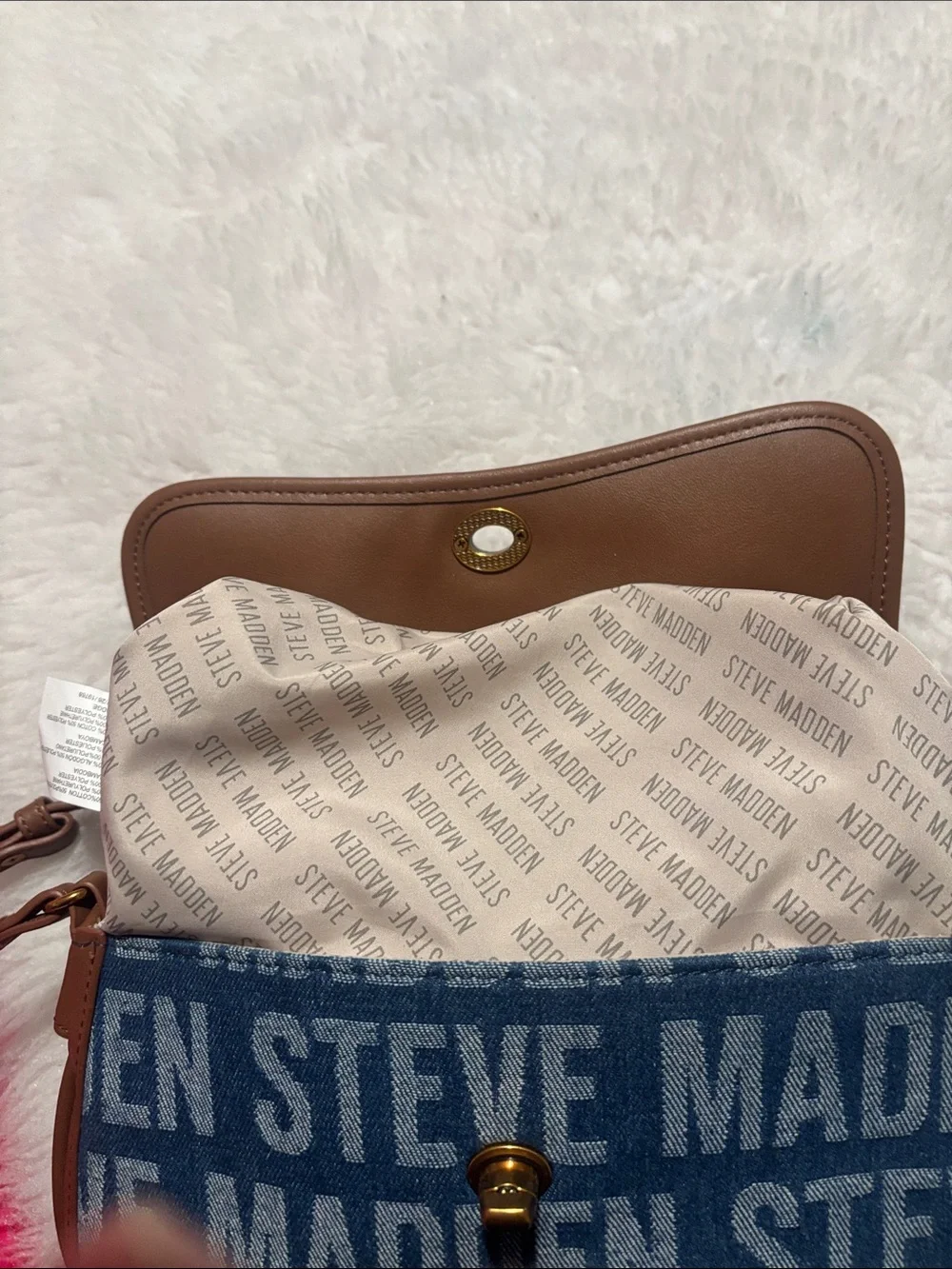 Steve Madden Blue Logo Denim Crossbody with Tan Trim and Orange Charm